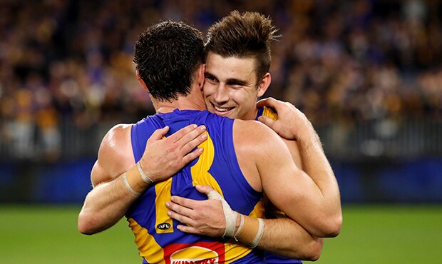 AFL 2018 Second Qualifying Final - West Coast v Collingwood PERTH, AUSTRALIA - SEPTEMBER 08: Luke Shuey of the Eagles (left) celebrates with Elliot Yeo of the Eagles during the 2018 AFL Second Qualifying Final match between the West Coast Eagles and the Collingwood Magpies at Optus Stadium on September 08, 2018 in Perth, Australia. (Photo by Adam Trafford/AFL Media)